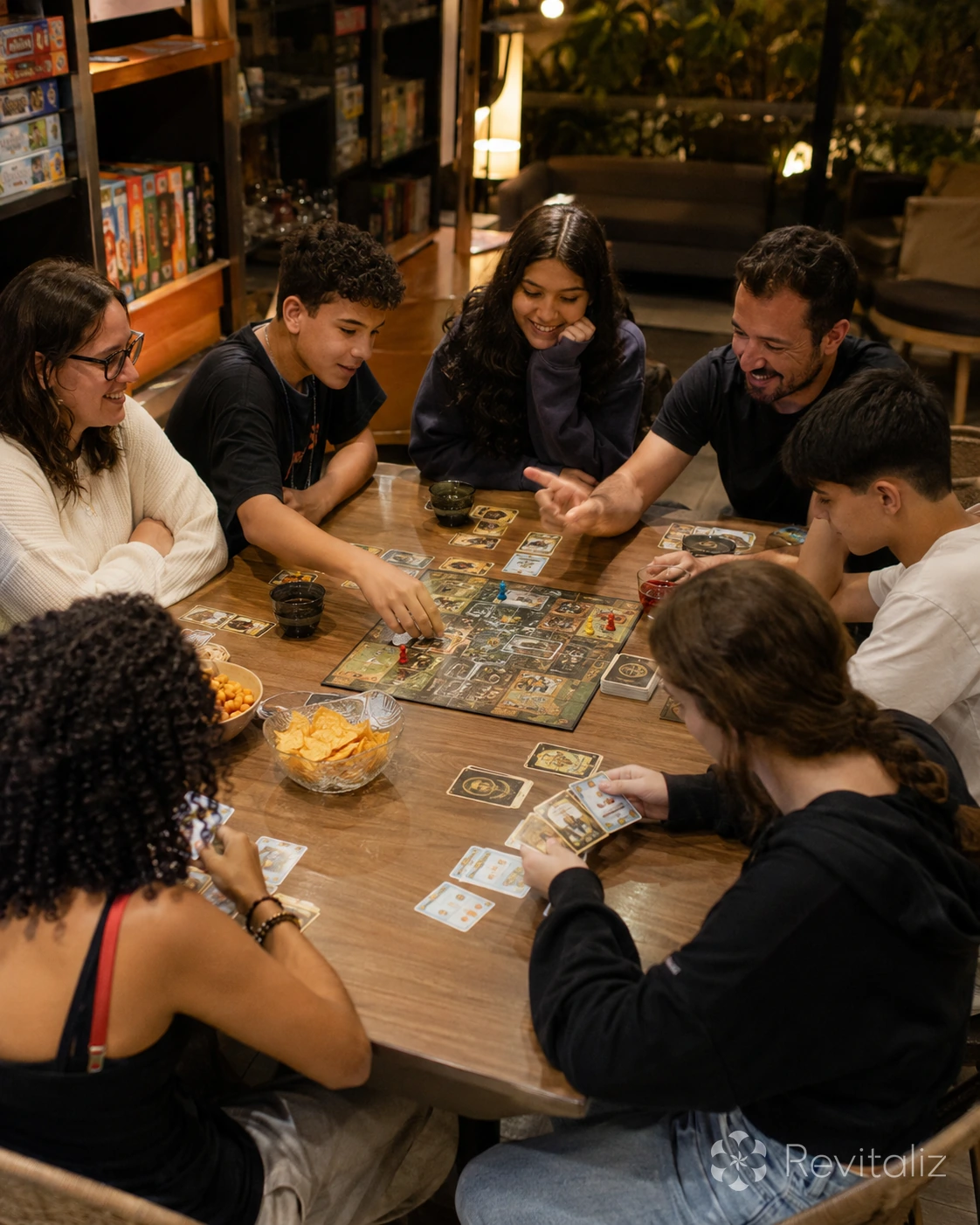 Adolescentes e adultos reunidos em uma noite de jogos de tabuleiro, em cena ilustrativa de acompanhamento terapêutico