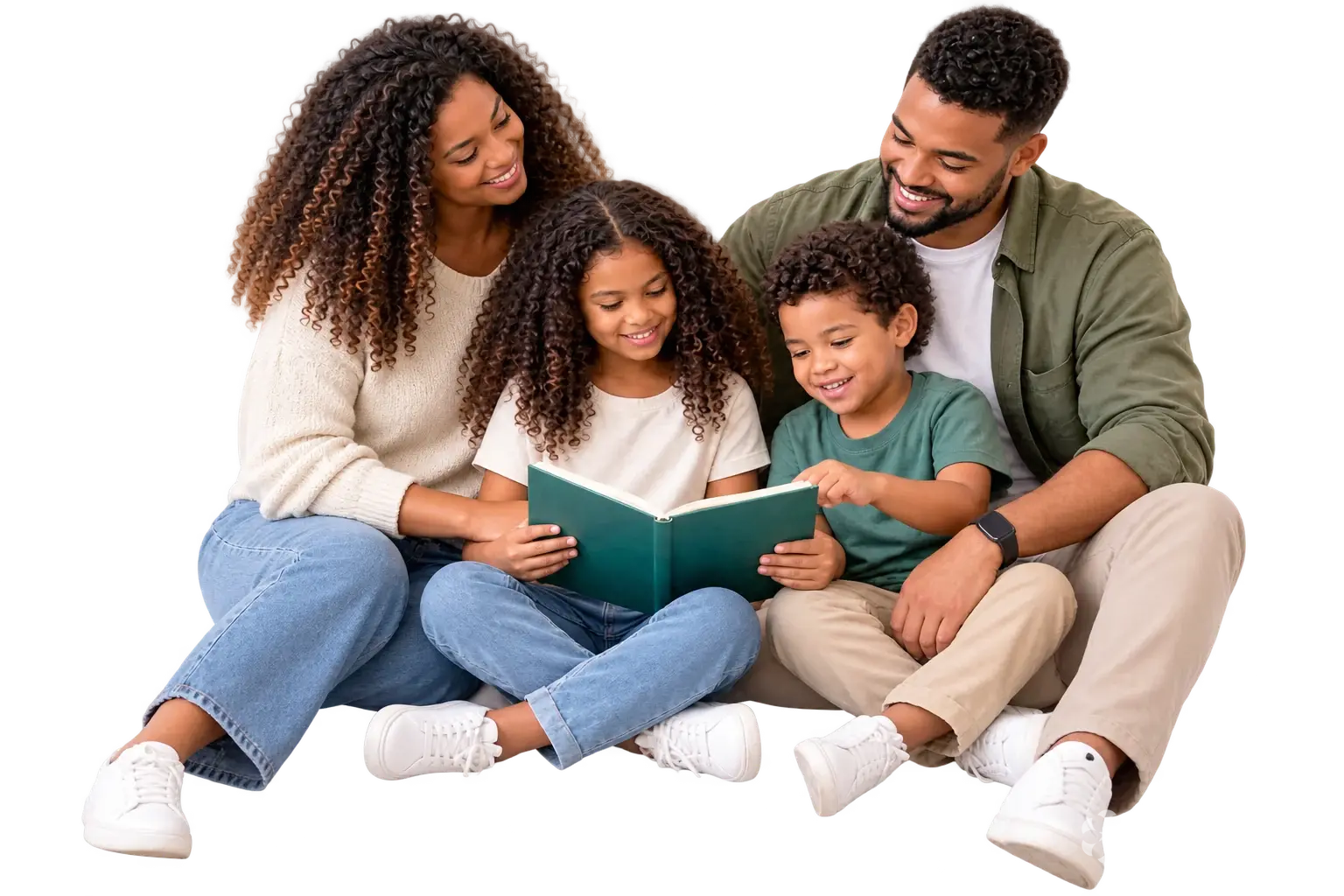 Família reunida lendo um livro, representando acolhimento e vínculo na orientação de pais