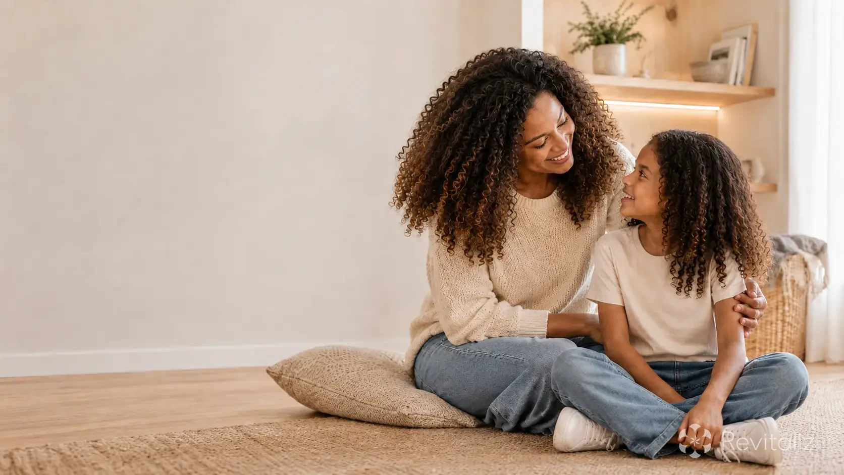 Mãe e filha conversando com carinho em casa, representando vínculo e acolhimento familiar