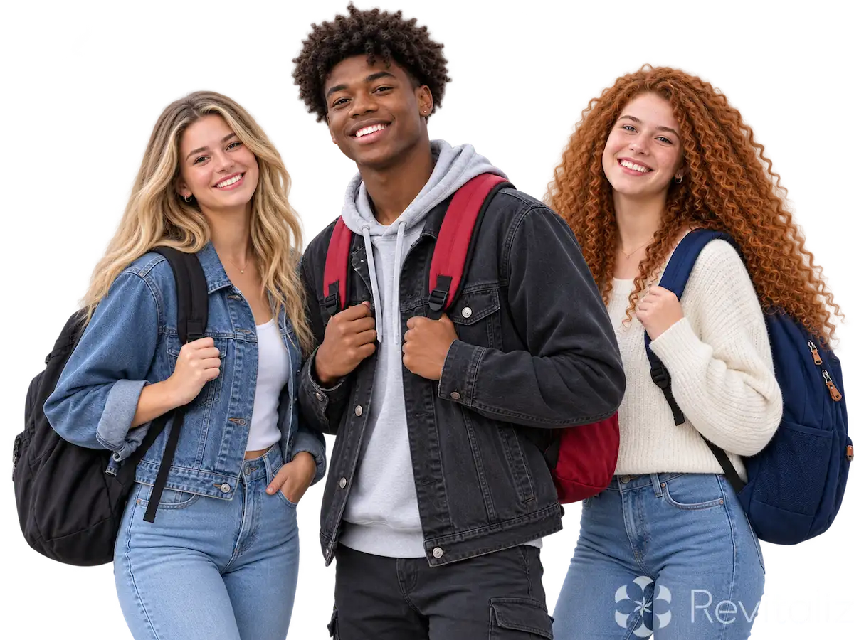 Três adolescentes sorridentes com mochilas, em composição recortada para a página de terapia para adolescentes